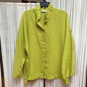 Bryn Walker Lime Green Linen Lagenlook Hidden Button Front Blouse